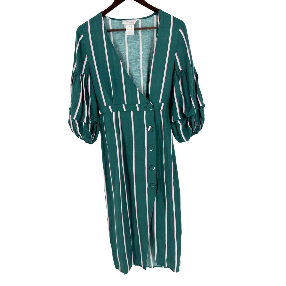 Anthropologie Steele Dress Green XS Striped Puff Sleeve V-Neck Midi Pink Chic